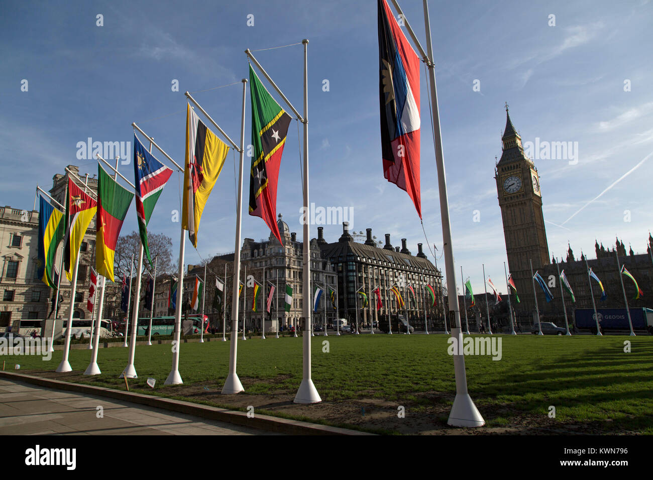 Flags of the Commonwealth flying on Parliament Square in London, England. They are displayed in a celebration of Commonwealth Day. Stock Photo