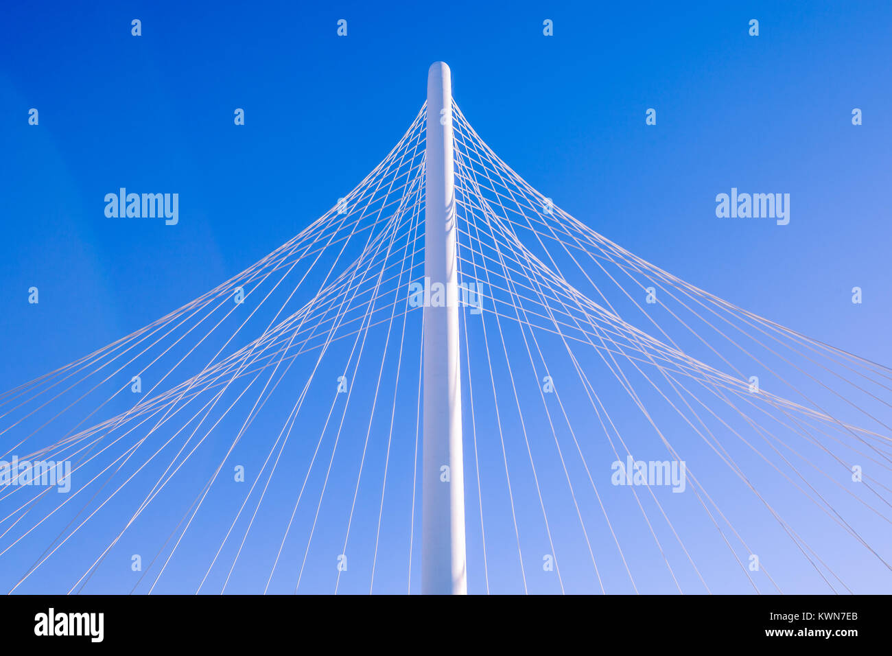 Pylon of cable-stayed bridge with cables forming a fan-like pattern Stock Photo