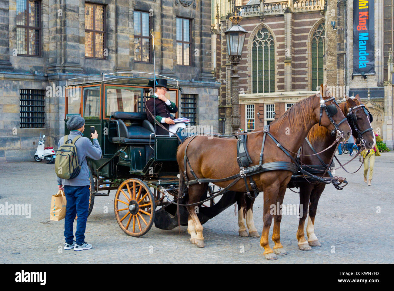 Horse drawn carriage, Dam square, Amsterdam, The Netherlands Stock ...