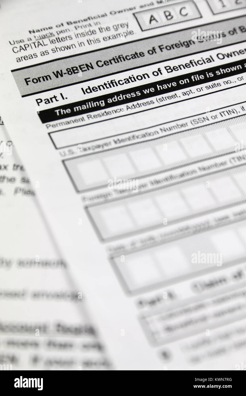 Form W-8BEN Certificate of Foreign Status of Beneficlal Owner Stock Photo