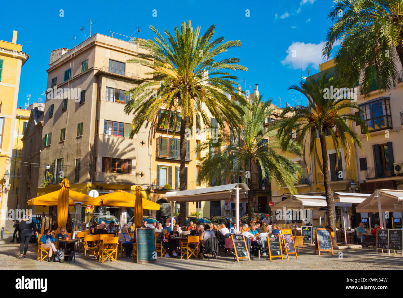 Cafe and restaurant terraces, Placa de la Llotja, Palma, Mallorca, Balearic islands, Spain Stock Photo