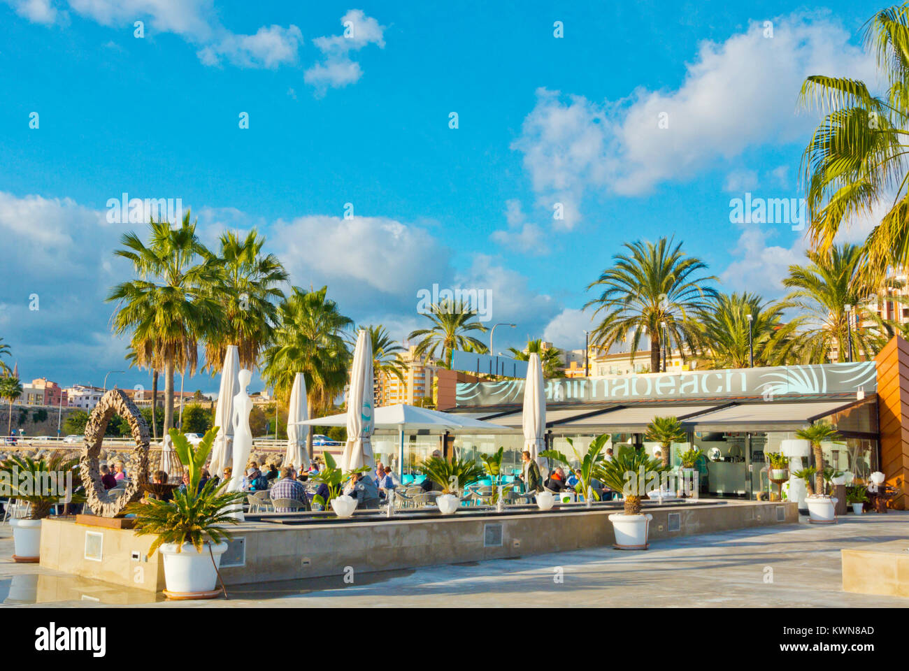 Anima Beach restaurant terrace, Can Pere Antoni, Palma, Mallorca, Balearic islands, Spain Stock Photo