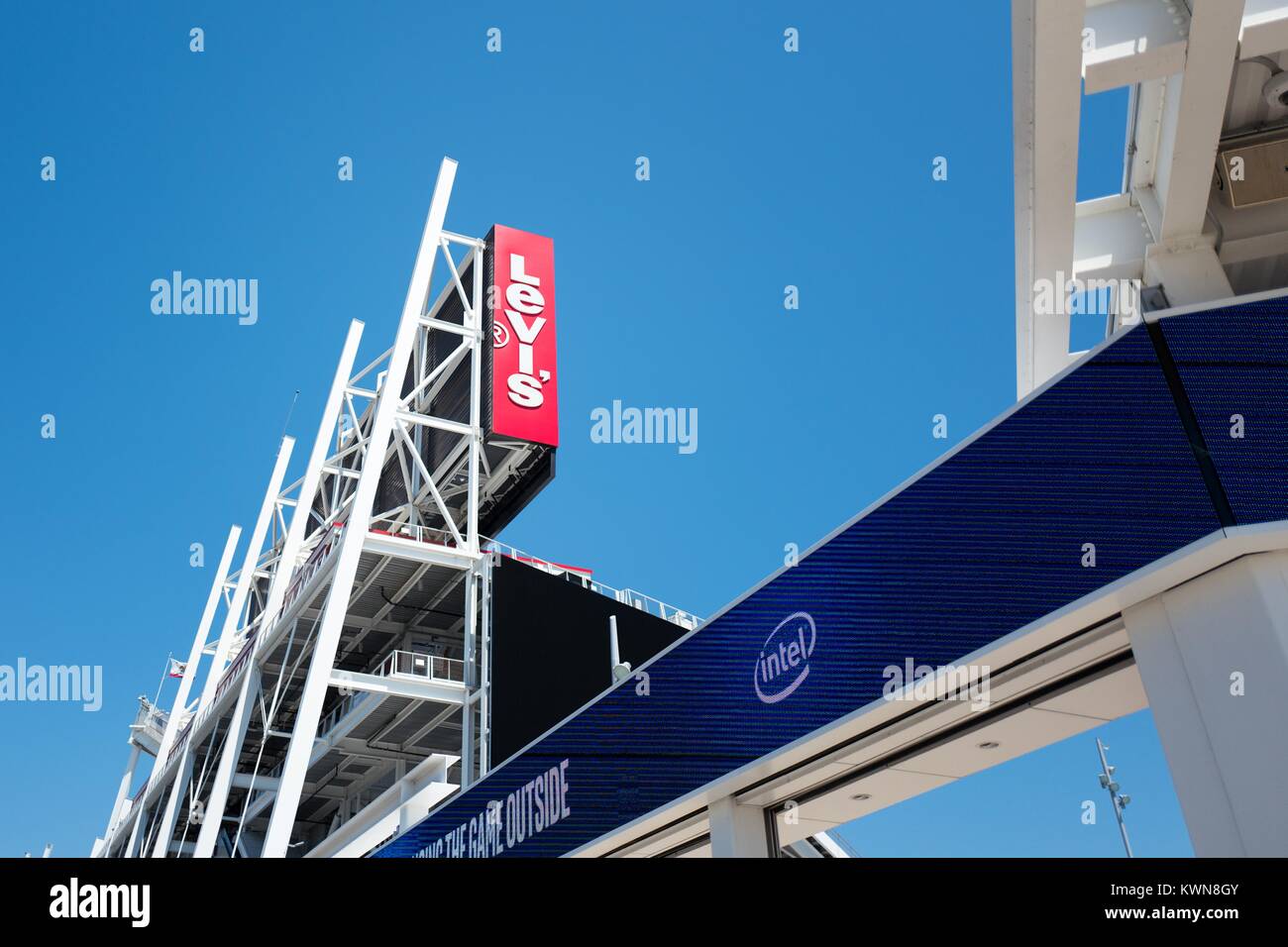 LED sign with Intel logo at Levi's Stadium, home to the San Francisco 49ers football team, in the Silicon Valley town of Santa Clara, California, July 25, 2017. Stock Photo