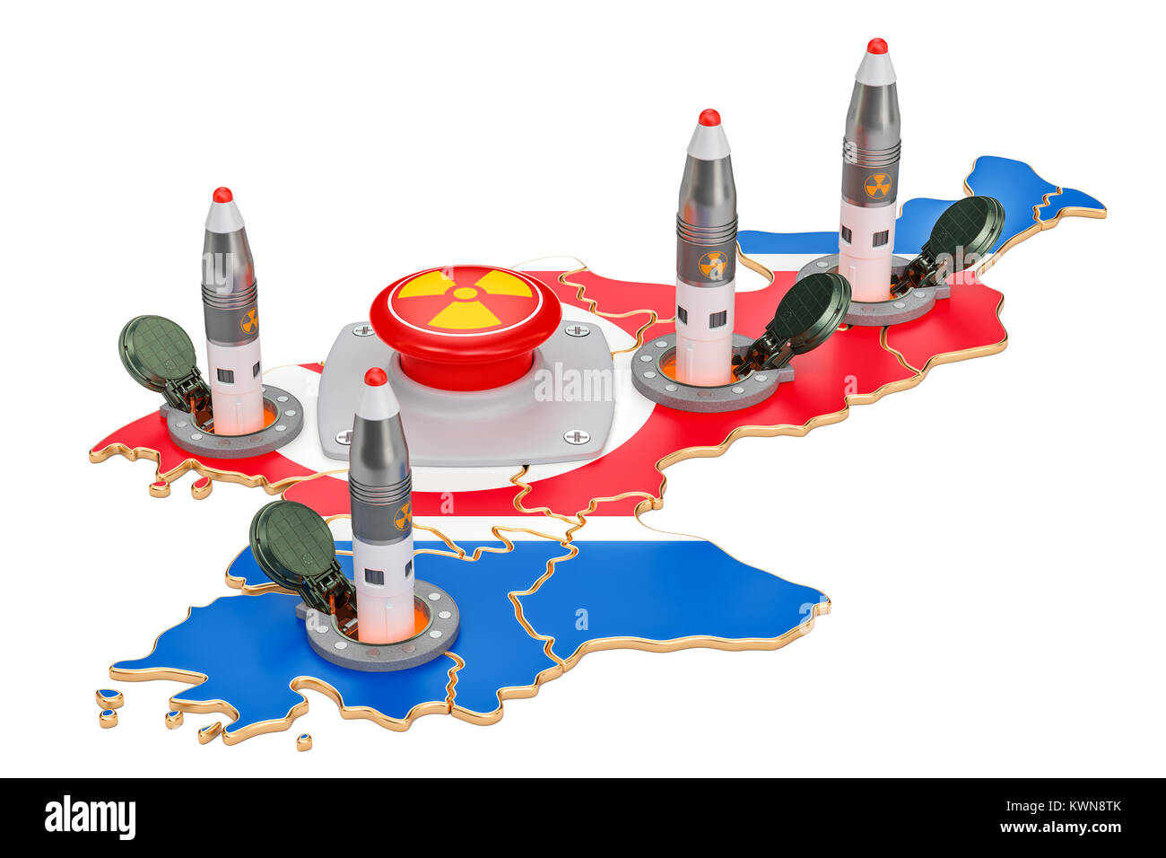 North Korean nuclear button concept. Korean missile launches from its underground silo launch facility, 3D rendering Stock Photo