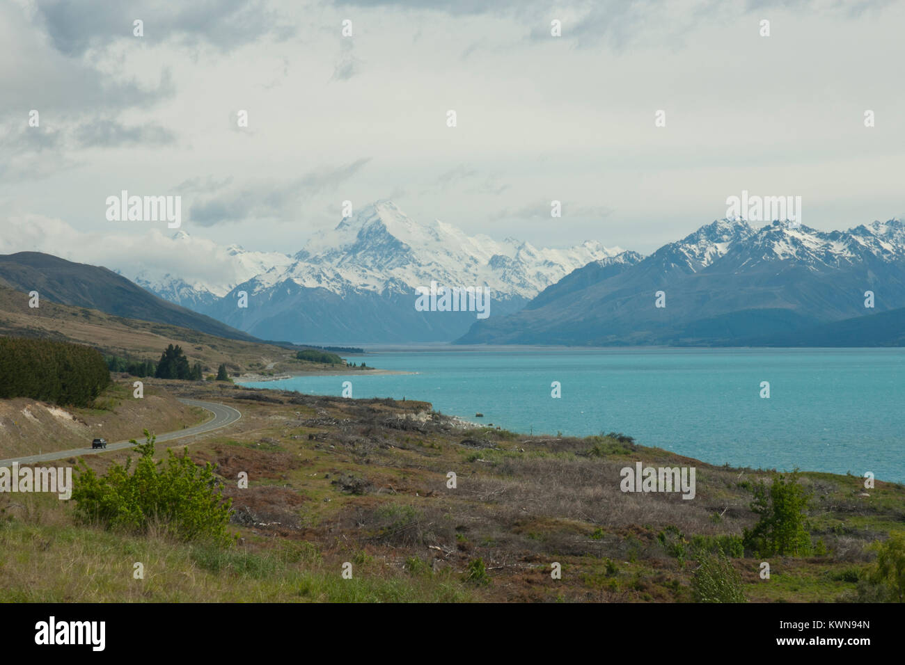 Iconic Mount Cook/Aoraki, snow capped with Mount Cook Road and vividly