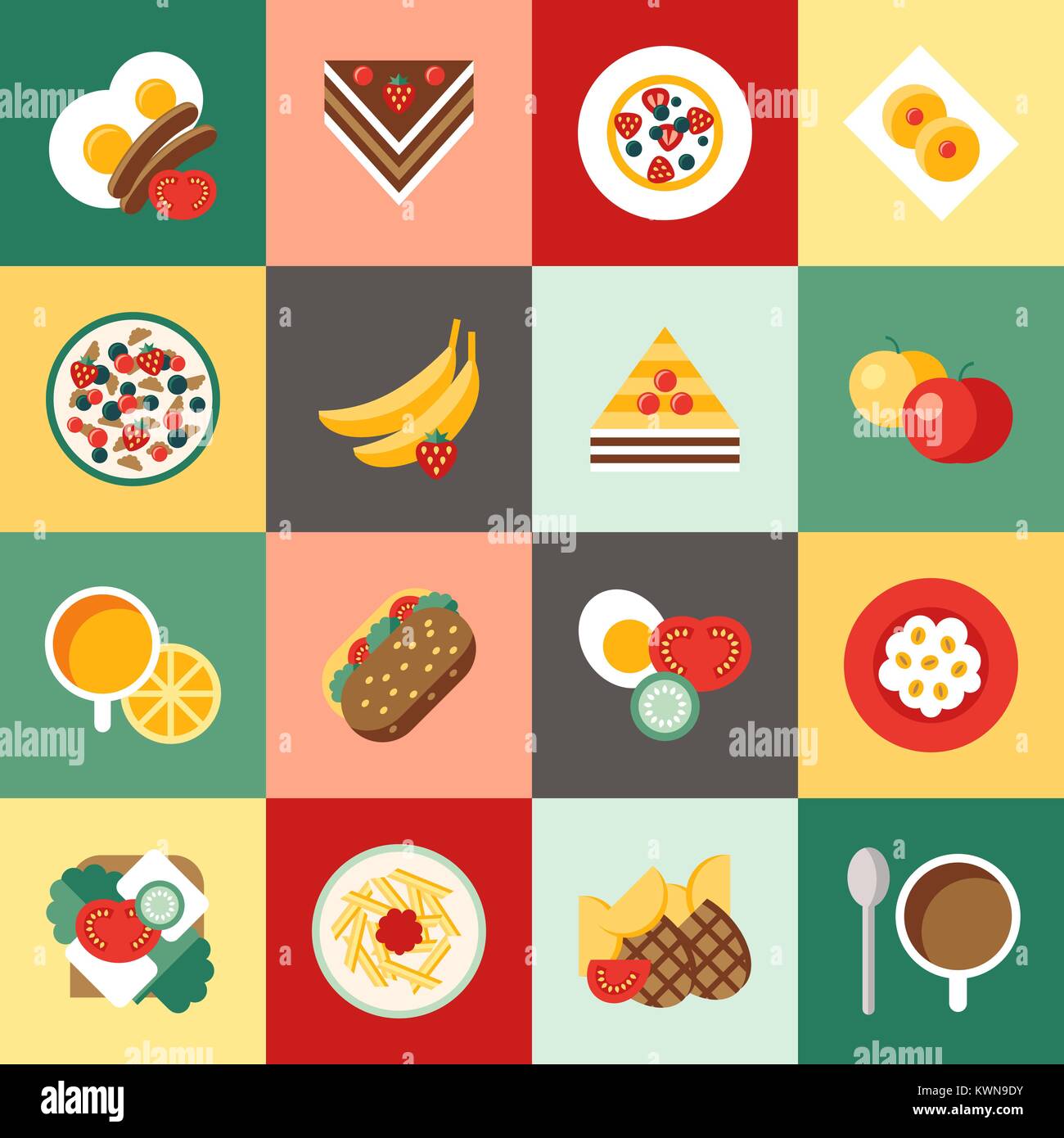 Digital vector breakfast meal fresh food and drinks color simple flat ...