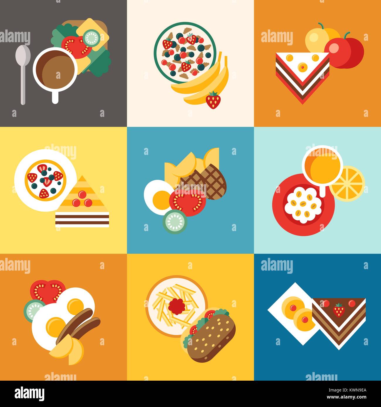 Digital vector breakfast meal fresh food and drinks color simple flat ...