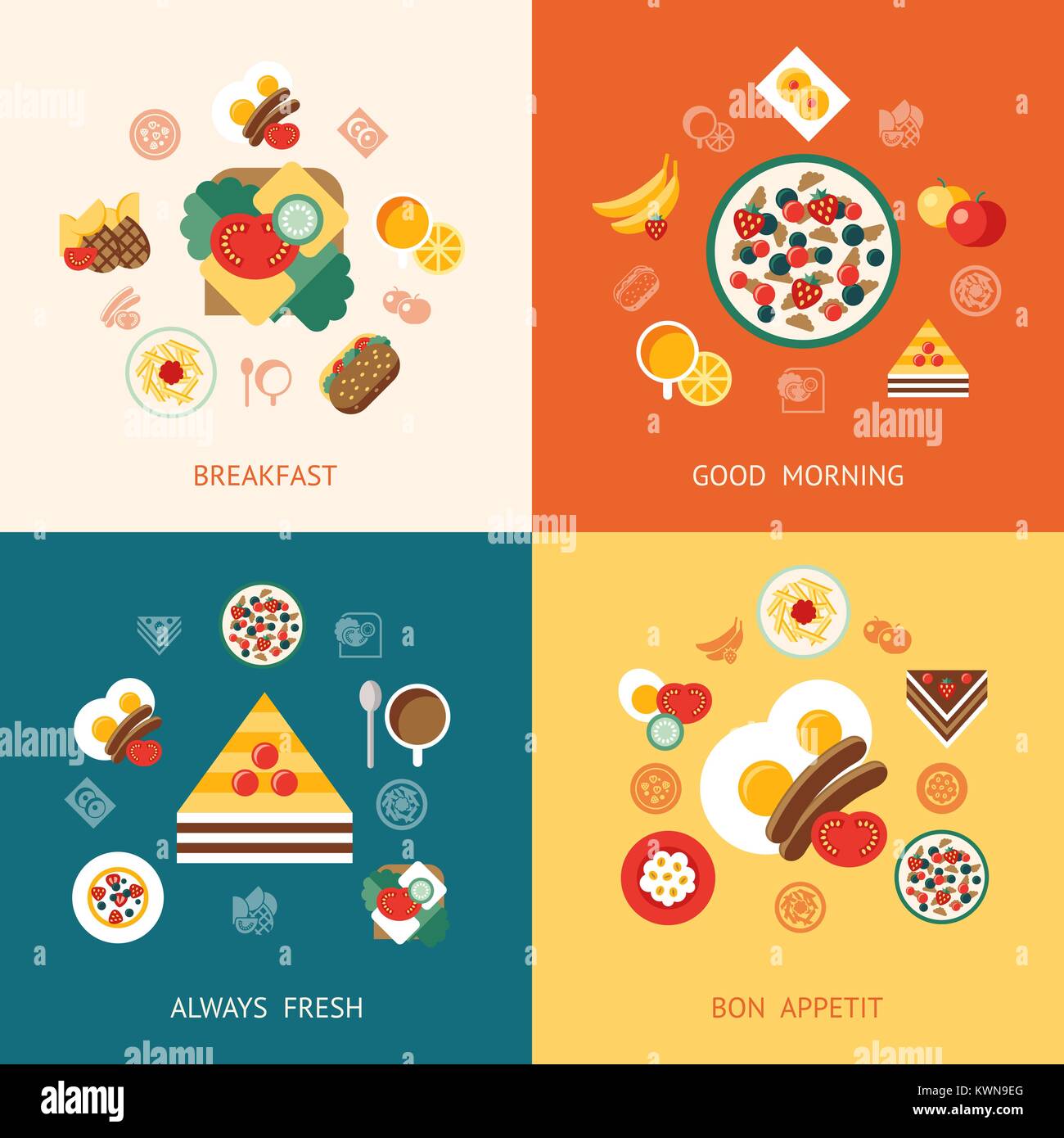 Digital vector breakfast meal fresh food and drinks color simple flat ...