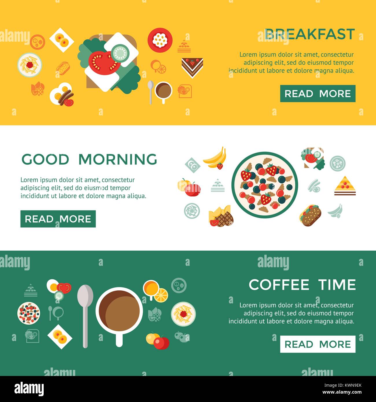 Digital vector breakfast meal fresh food and drinks color simple flat ...