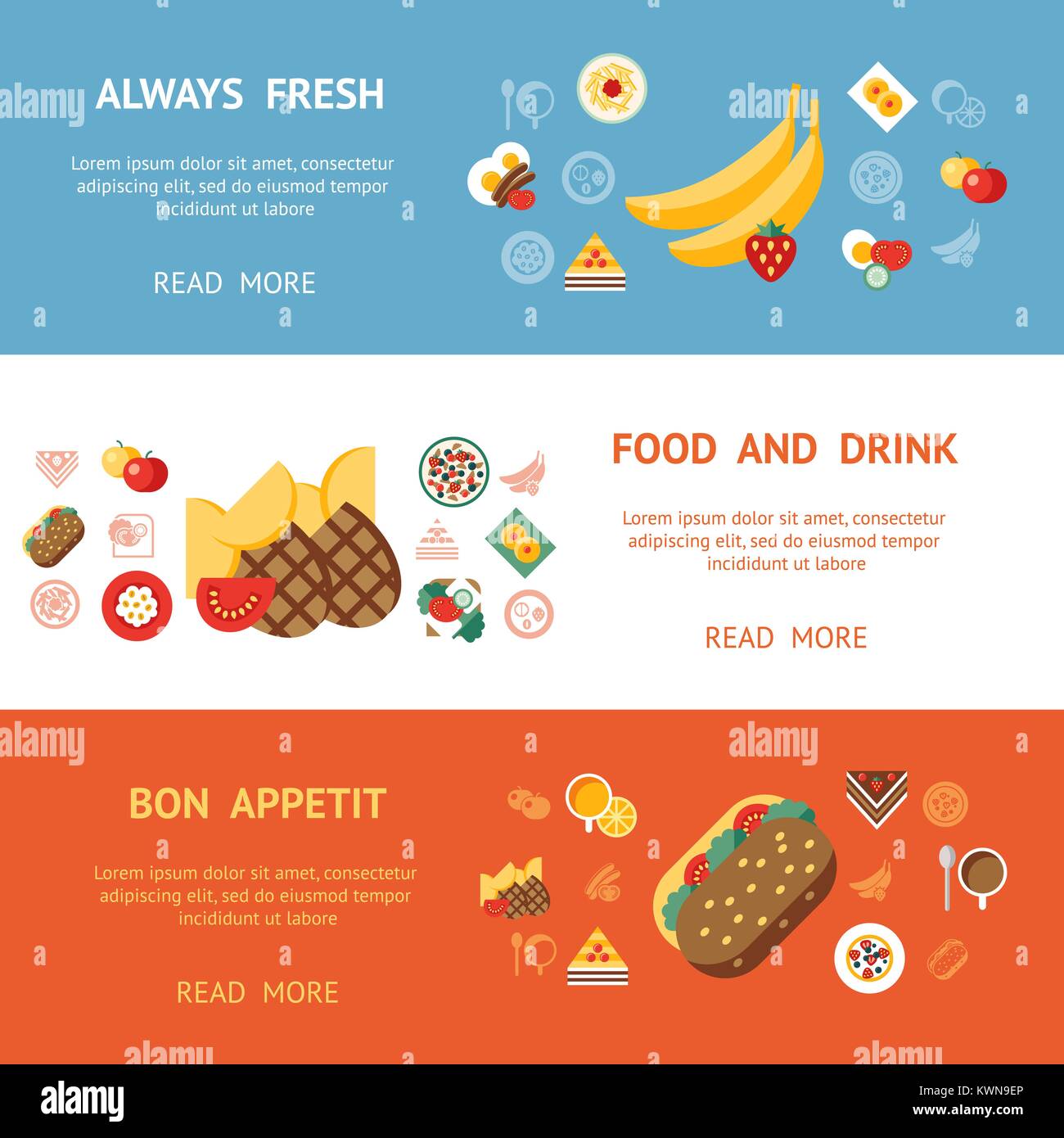 Digital vector breakfast meal fresh food and drinks color simple flat ...