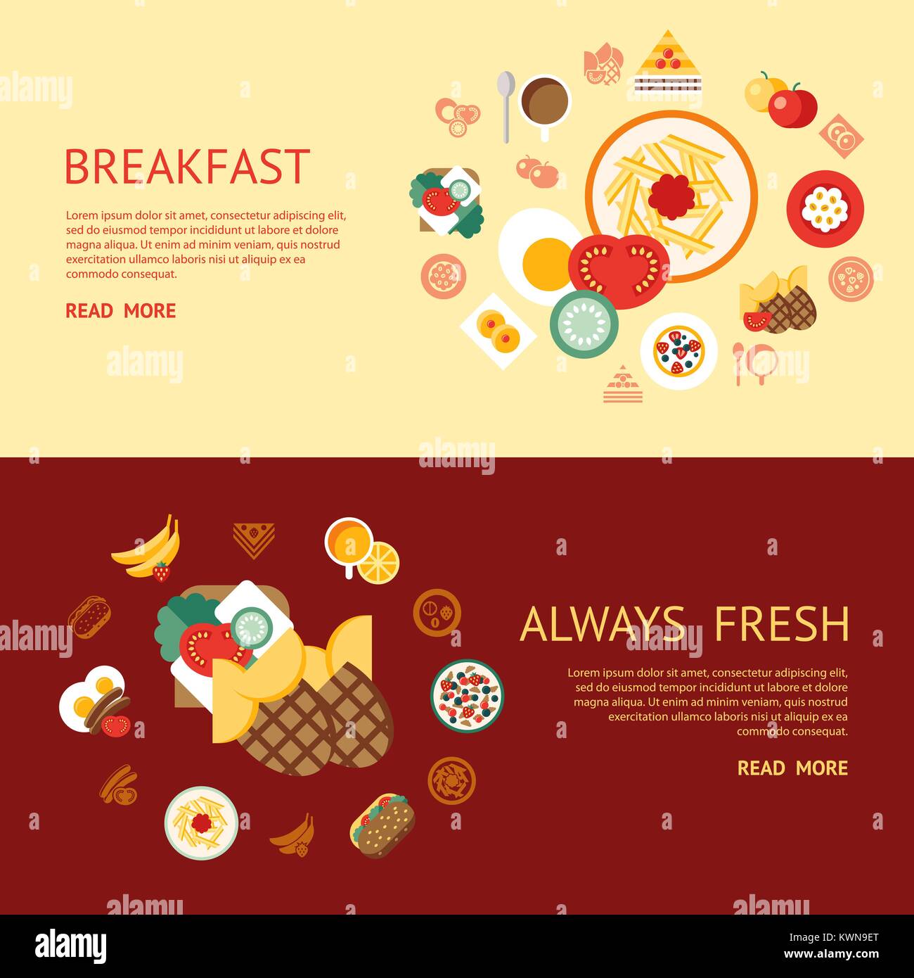 Digital vector breakfast meal fresh food and drinks color simple flat ...