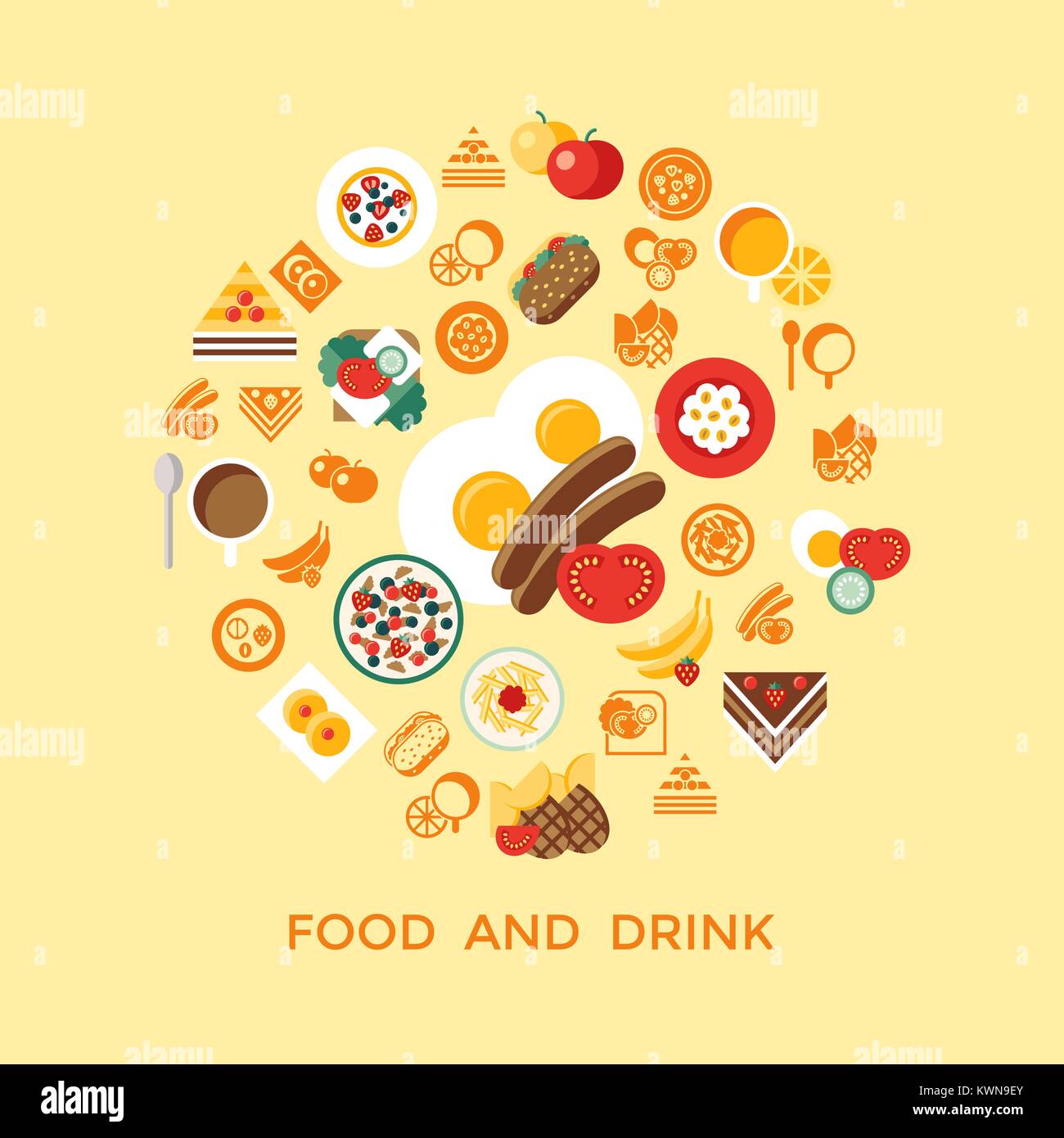 Digital vector breakfast meal fresh food and drinks color simple flat ...