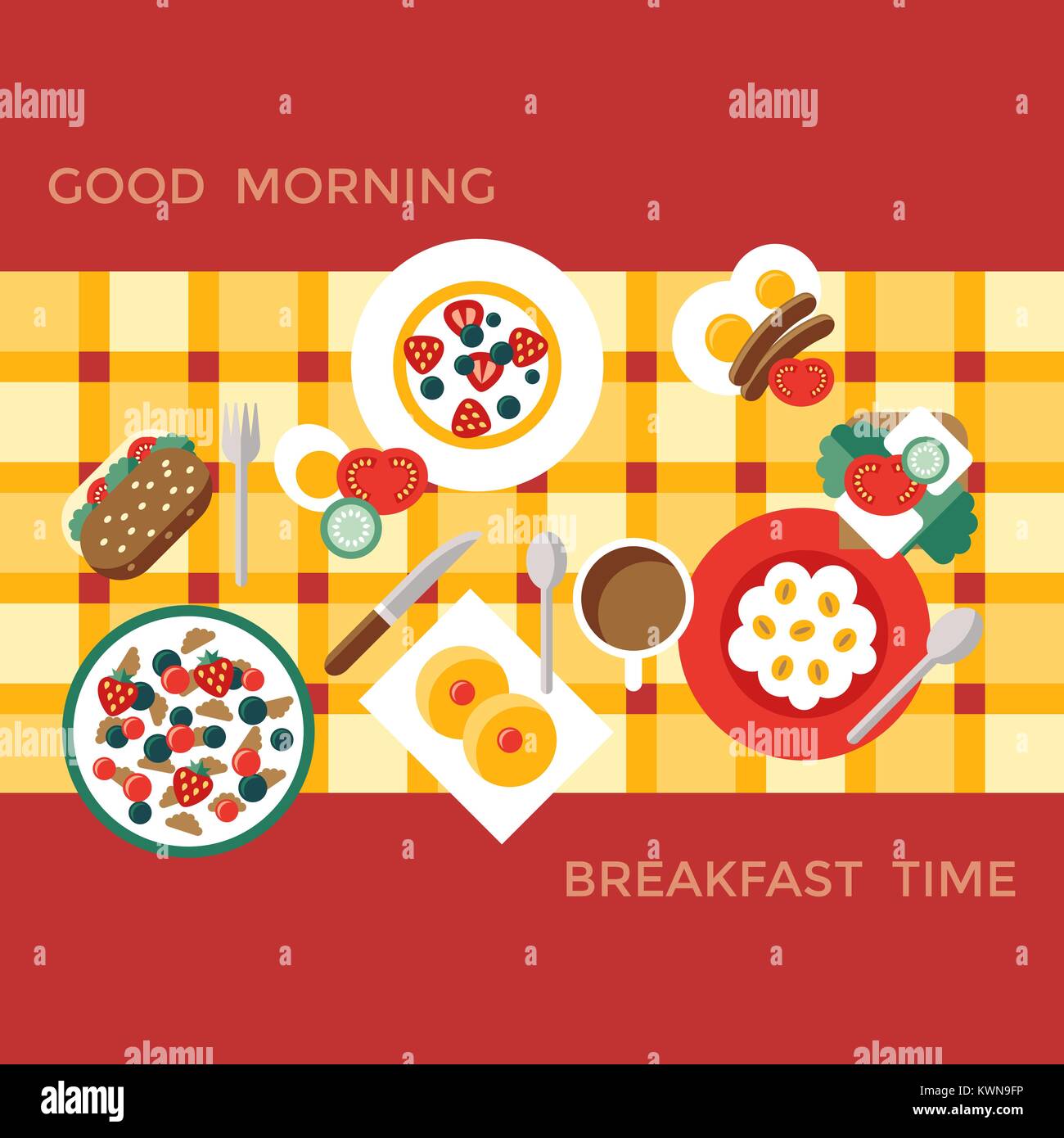 Digital vector breakfast meal fresh food and drinks color simple flat ...
