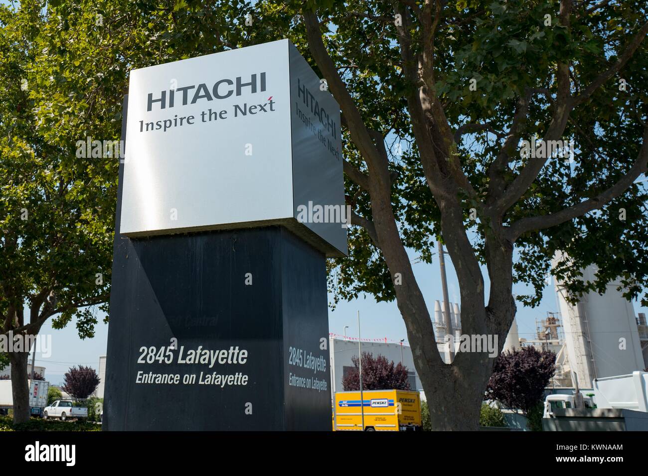 Signage with logo at the Silicon Valley headquarters of Japanese multinational conglomerate Hitachi, Santa Clara, California, August 17, 2017. Stock Photo