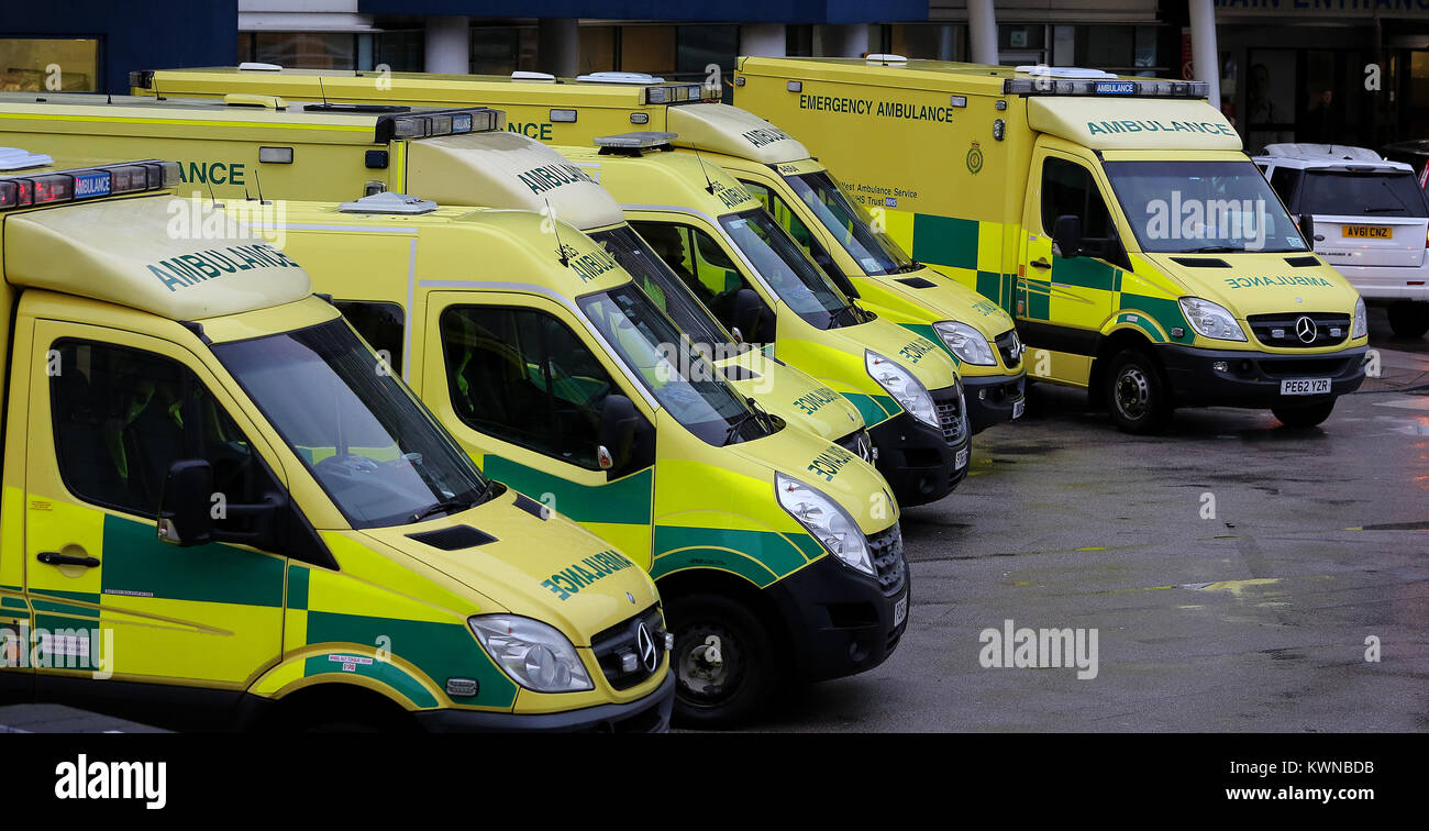 Ambulances outside the Royal Liverpool Hospital, in Liverpool, as delays in ambulances delivering patients to A&E departments in England have reached their highest level of the winter, new figures show, as hospitals struggle with mounting demands on their services. Stock Photo