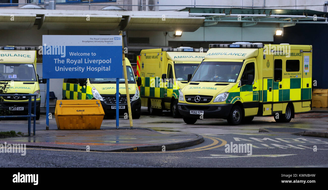Ambulances outside the Royal Liverpool Hospital, in Liverpool, as delays in ambulances delivering patients to A&E departments in England have reached their highest level of the winter, new figures show, as hospitals struggle with mounting demands on their services. Stock Photo