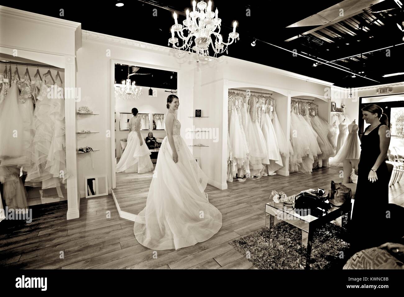 Bridal gown fitting at a bridal boutique Stock Photo