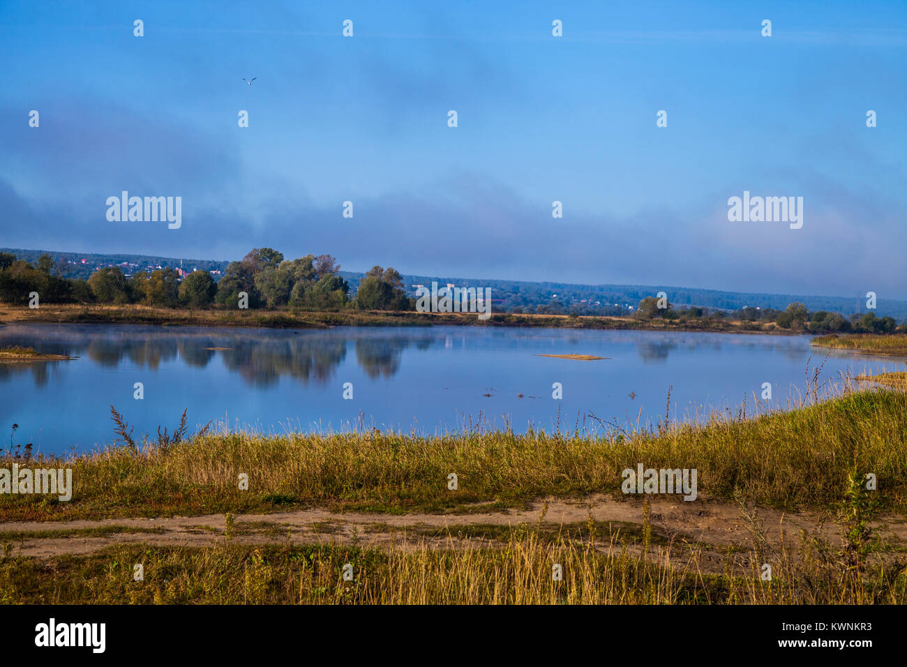 Beautiful landscape. Lake early in the morning with a fog Stock Photo ...