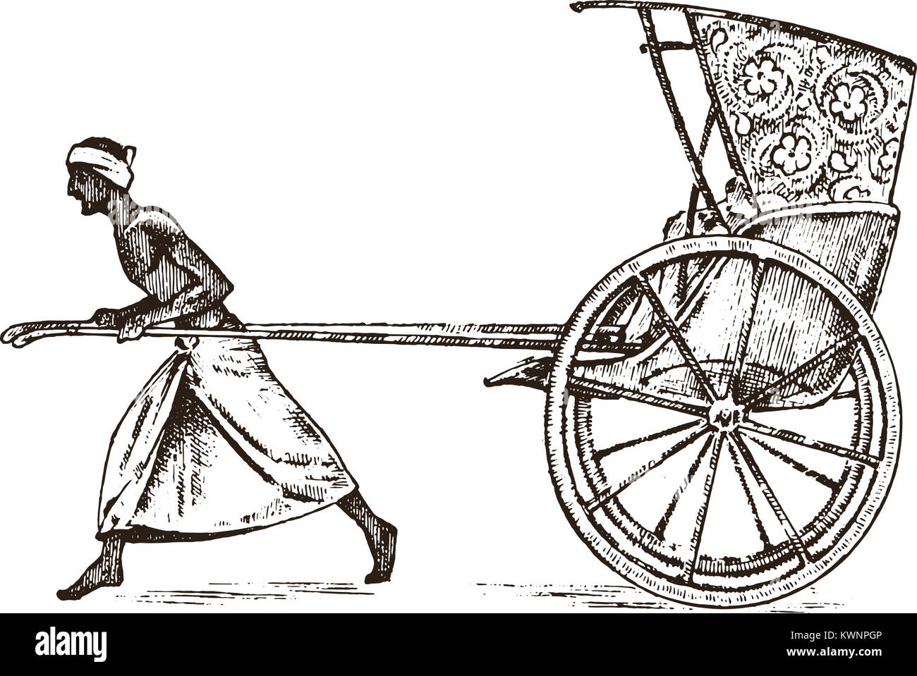 Hindu farmer with Rickshaw, working with a cart for passengers in India. engraved hand drawn in old sketch, vintage style. Kolkata. Stock Vector