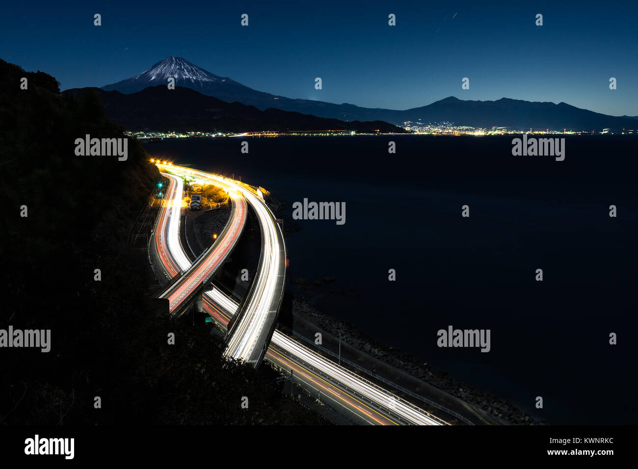 Nightview of Mount Fuji and Tomei Highway from Satta Path in winter. Stock Photo