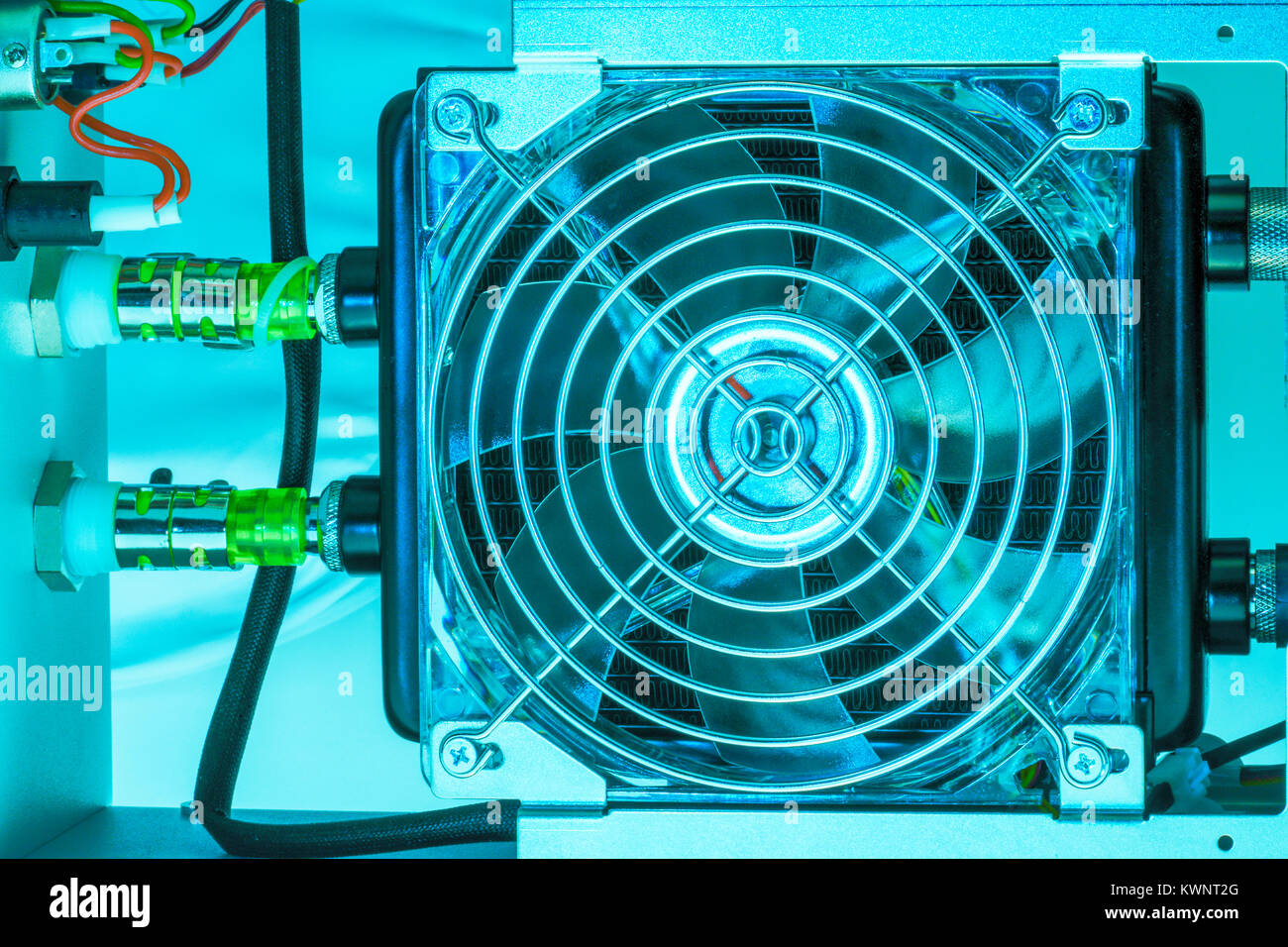 cooling fan mounted on water to air heat exchanger Stock Photo