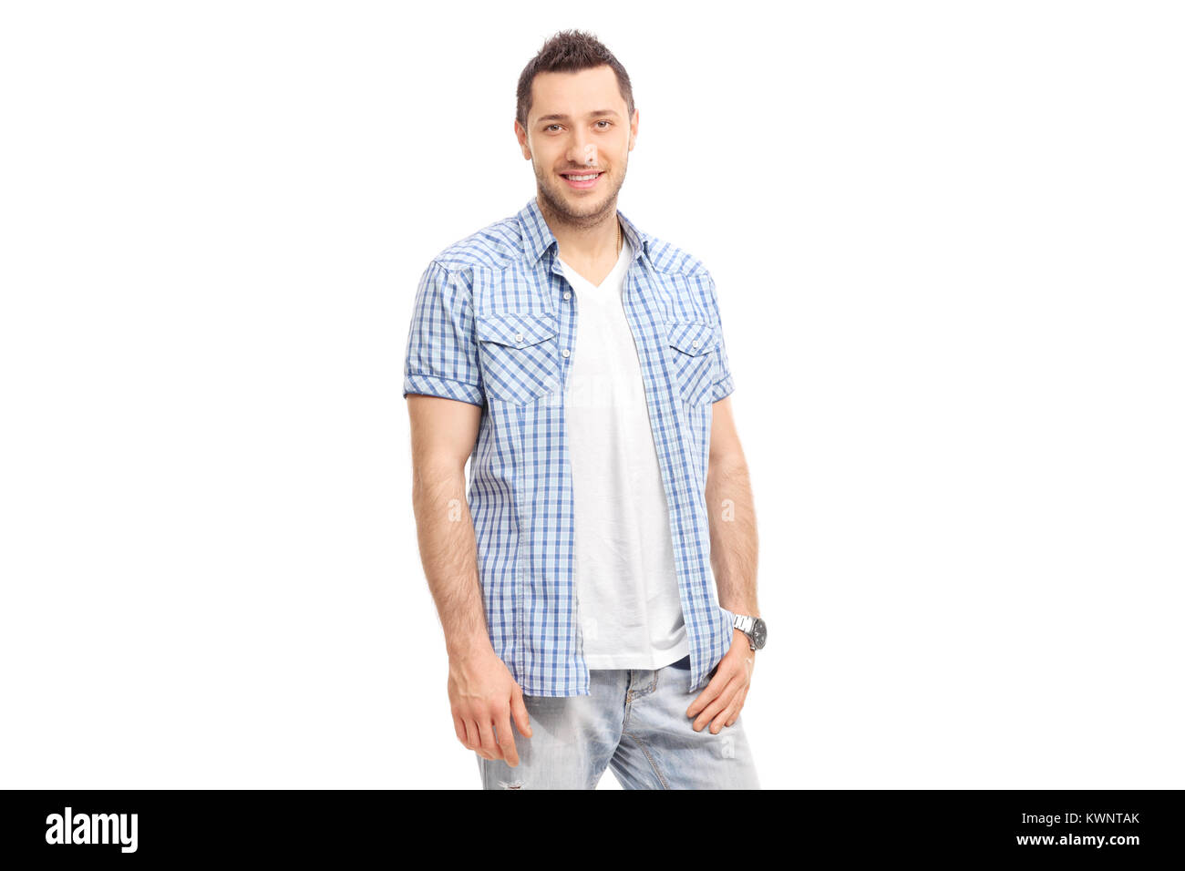 Young man smiling and looking at the camera isolated on white ...