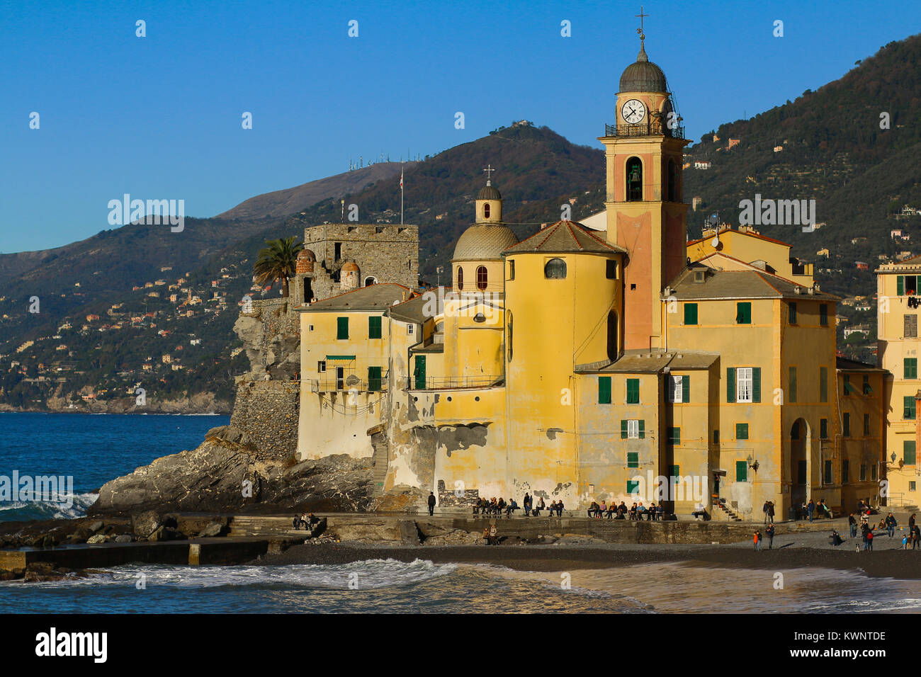 Basilica of Santa Maria Assunta of Camogli by the sea in Italy Stock Photo