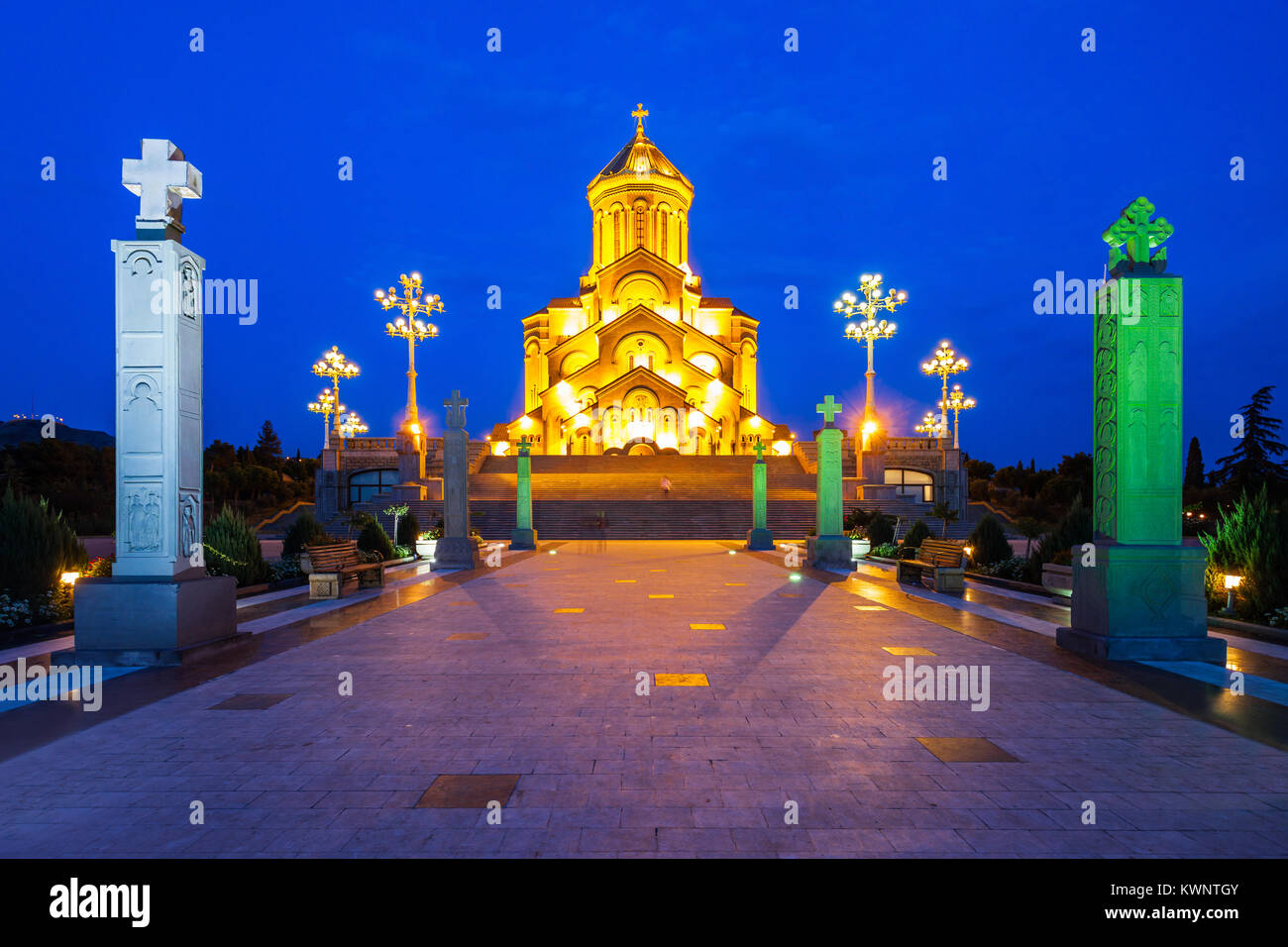 The Holy Trinity Cathedral of Tbilisi (Tsminda Sameba Church) at sunset ...