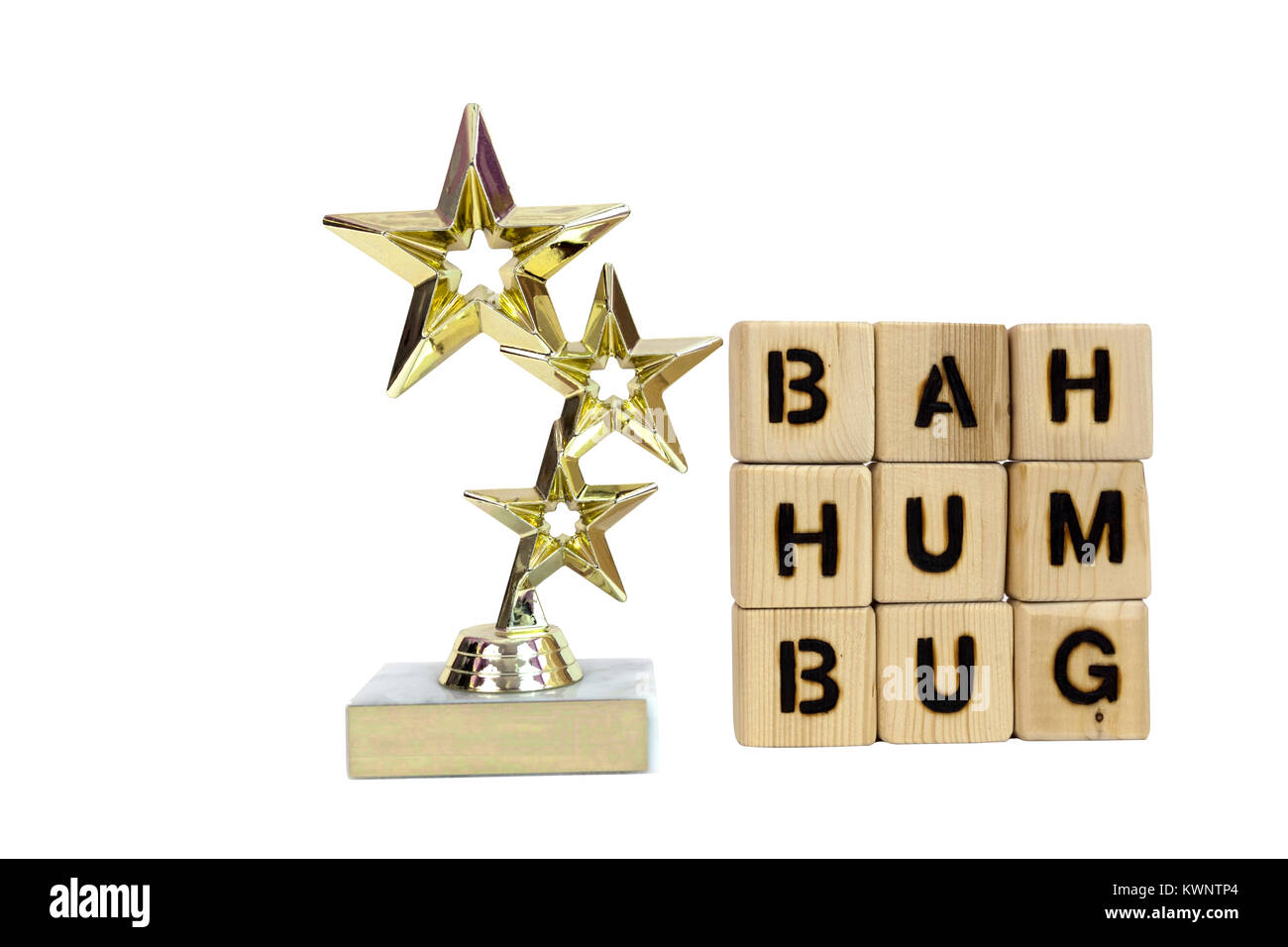 Three star award trophy with sour grapes sentiment. Bah Humbug! Stock Photo
