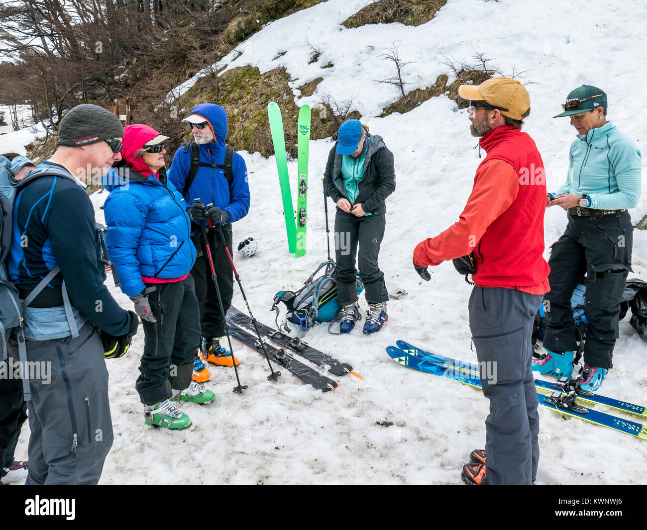 Backcountry alpine skiers prepare for roped glacier crossings; Glaciar Martial; Mount Krund; Cerro Castor; near Ushuaia; Argentina Stock Photo