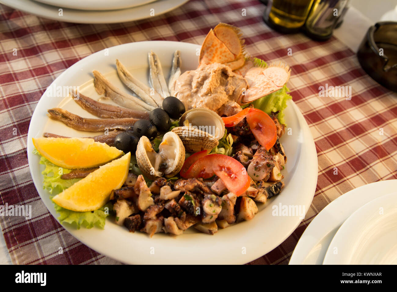 Cold seafood plate, Restaurant, Croatia Stock Photo
