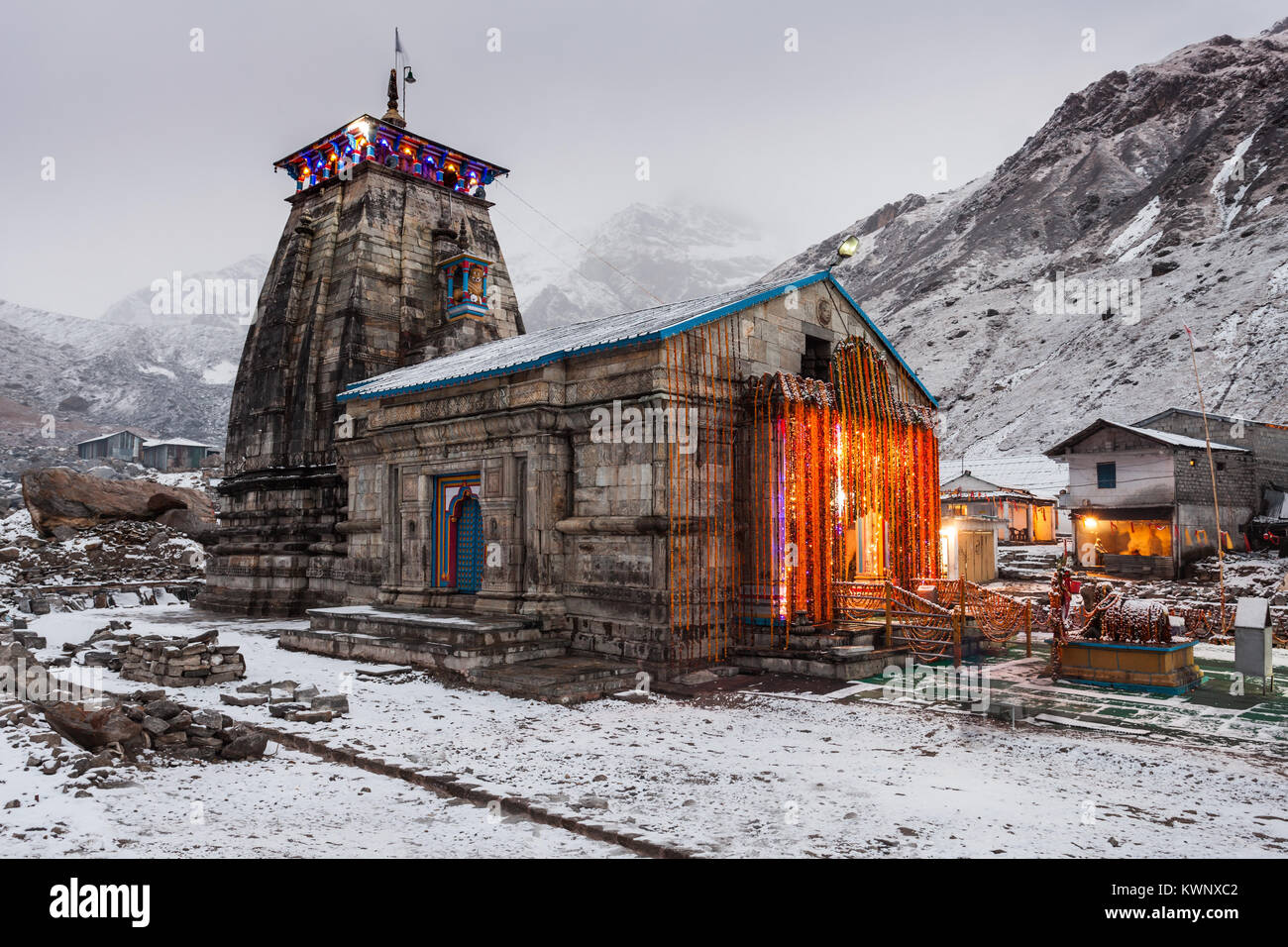 Kedarnath Temple at night, it is a hindu temple dedicated to Shiva, India. Stock Photo