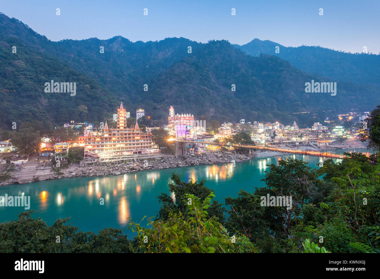 Rishikesh at night, it is a city in nothern India, it is known as the Gateway to the Garhwal Himalayas. Stock Photo