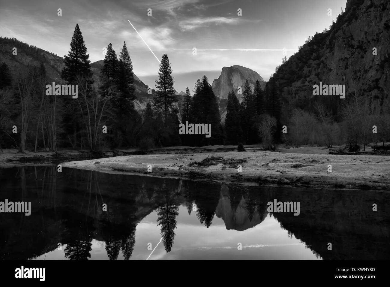 Black and White Yosemite Valley with River and Half Dome Stock Photo