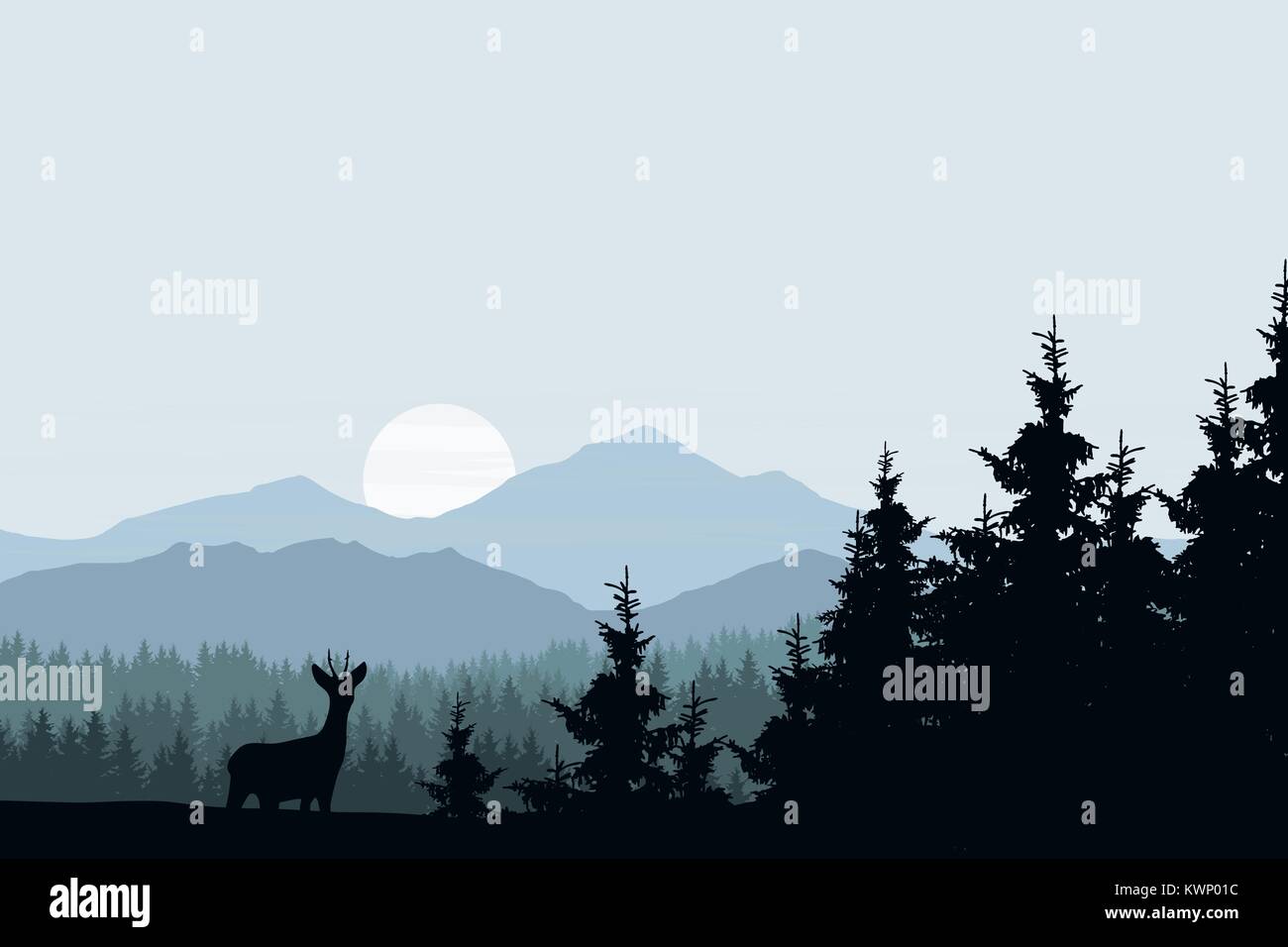 Realistic vector illustration of mountain landscape with forest and deer Stock Vector