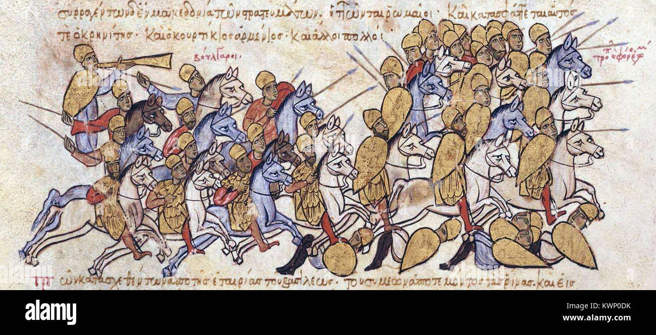 Simeon I's army defeating the Byzantines, led by Procopius Crenites and Curtacius the Armenian in Macedonia. From the Madrid Skylitzes. Stock Photo