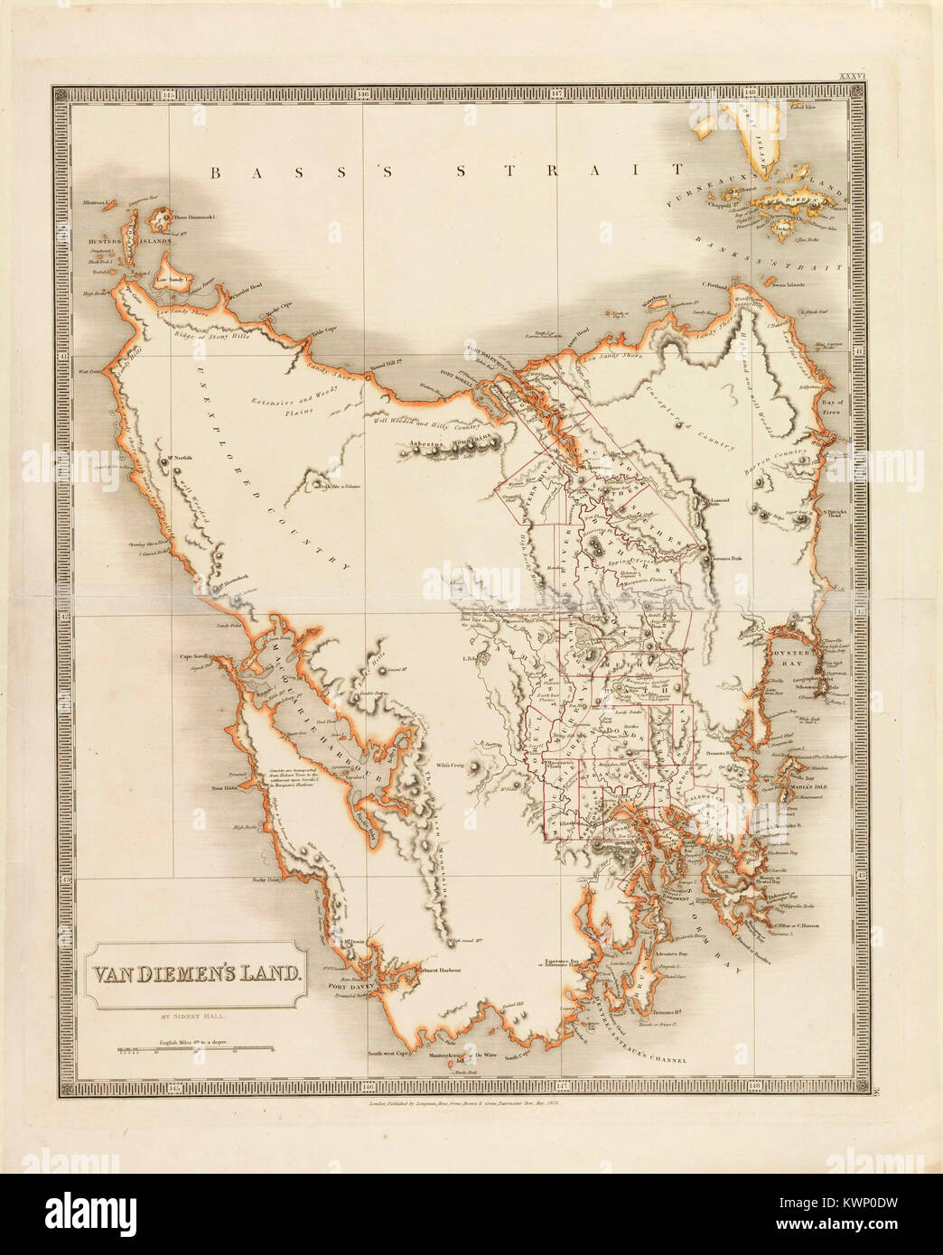 Van Diemen's Land was the original name used by most Europeans for the island of Tasmania, now part of Australia. The name was changed from Van Diemen's Land to Tasmania in 1856. Stock Photo