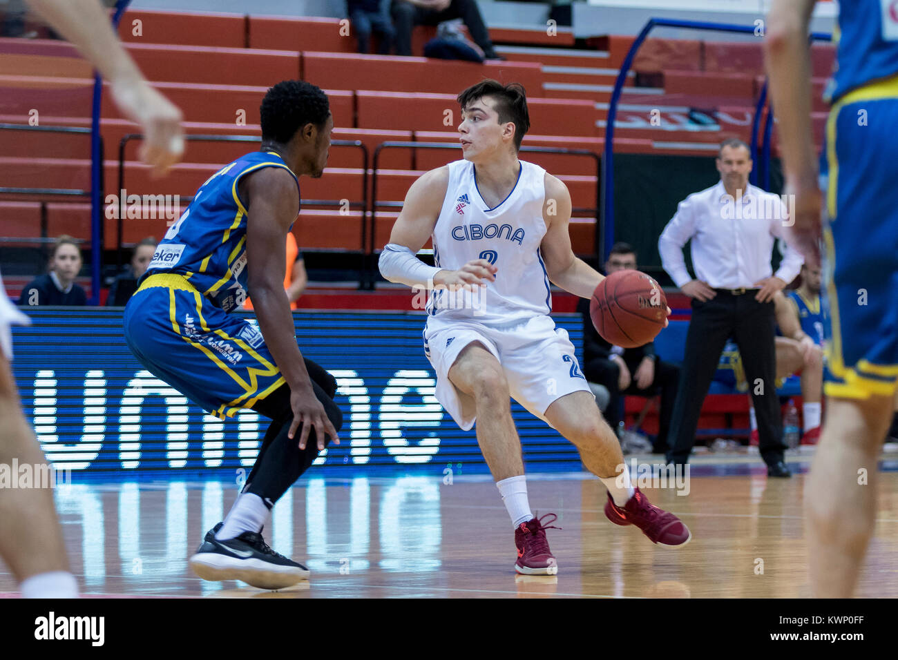 ZAGREB, CROATIA - NOVEMBER 17, 2017: Basketball match between KK Cedevita and KK Vrijednosnice Osijek. Basketball player leading the ball Stock Photo