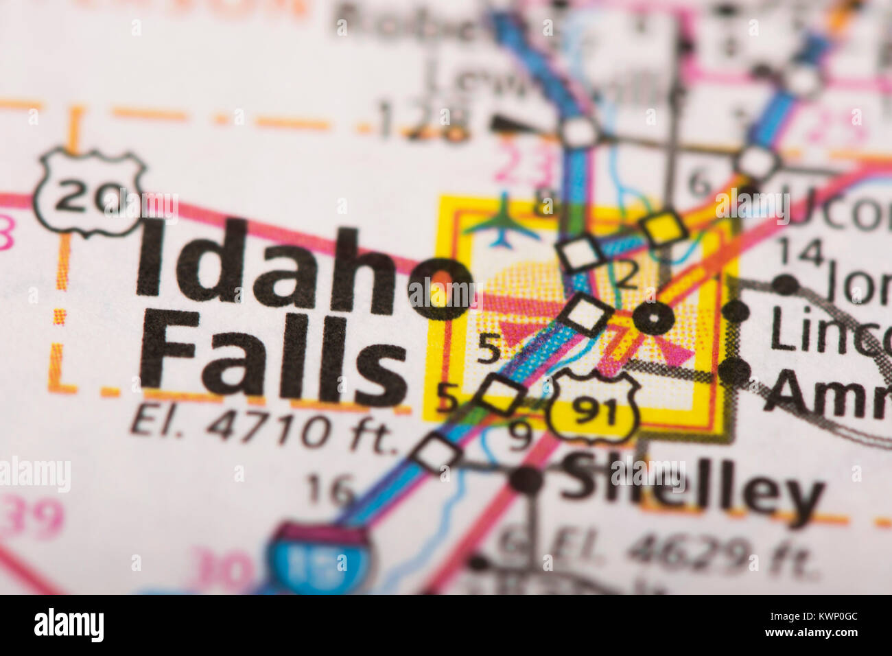 Closeup of Idaho Falls, ID on a road map of the United States Stock