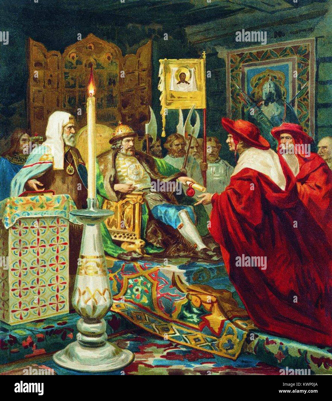 The envoys of the Roman Pope attend Alexander Nevsky, St. Alexander Yaroslavich Nevsky Stock Photo