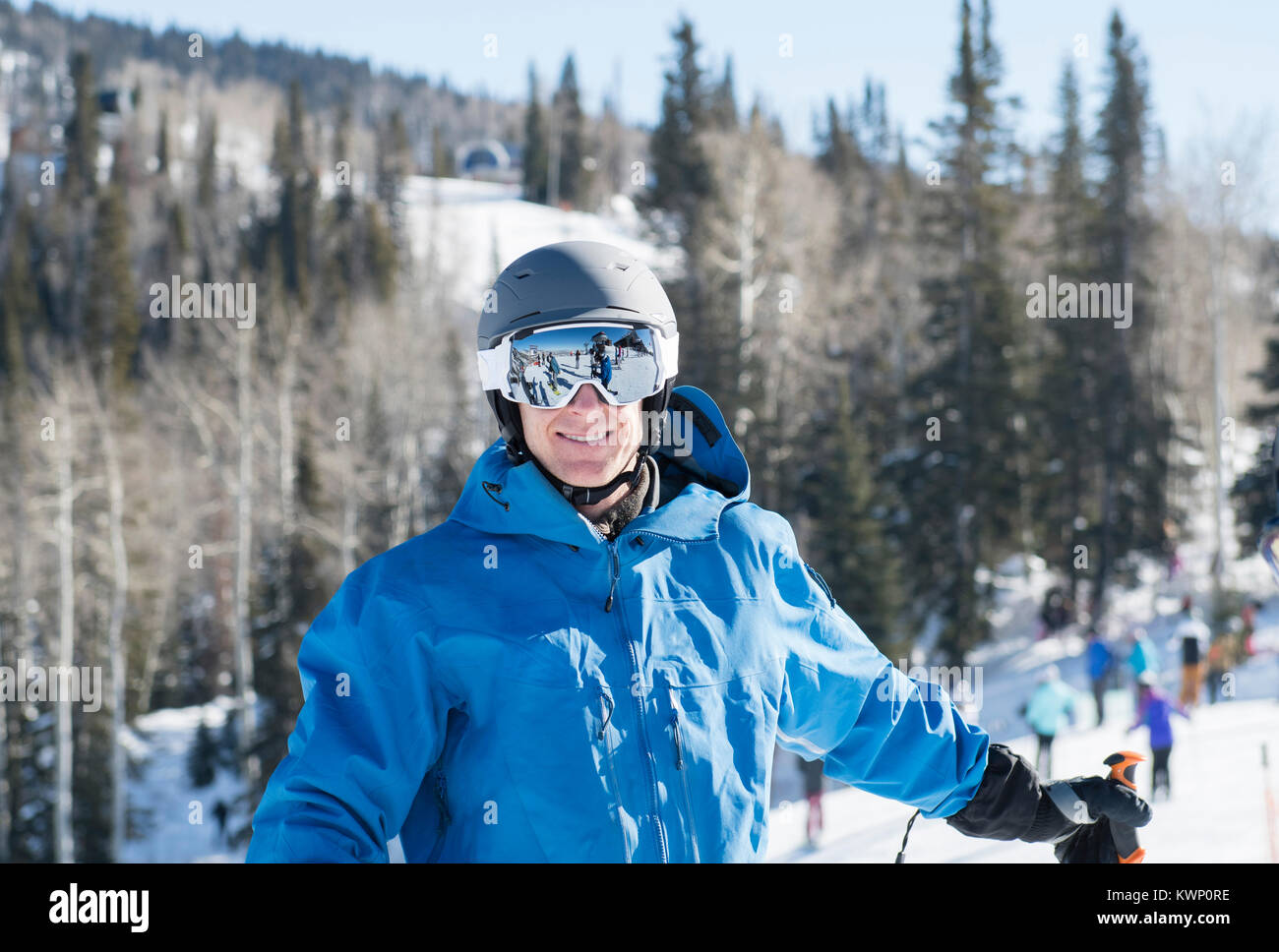 Young Man on Mountain at a Resort in Colorado Ready to Ski with all ...