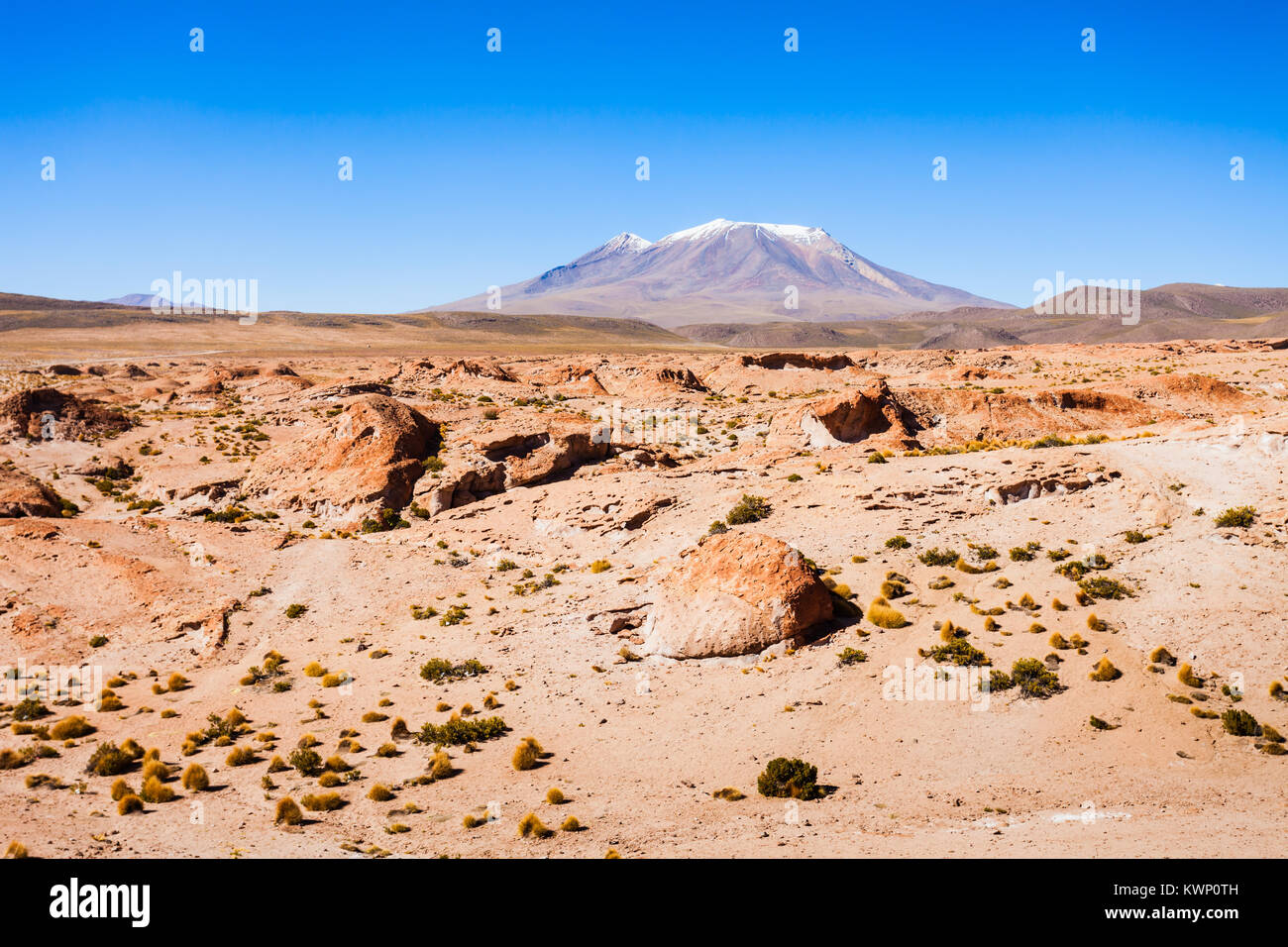 Ollague volcano is a massive stratovolcano on the border between Bolivia and Chile. Stock Photo