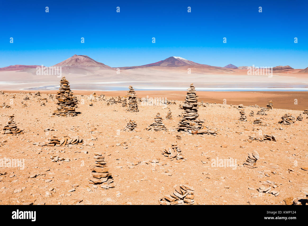 Beauty lake and volcanoes on Altiplano, Bolivia Stock Photo