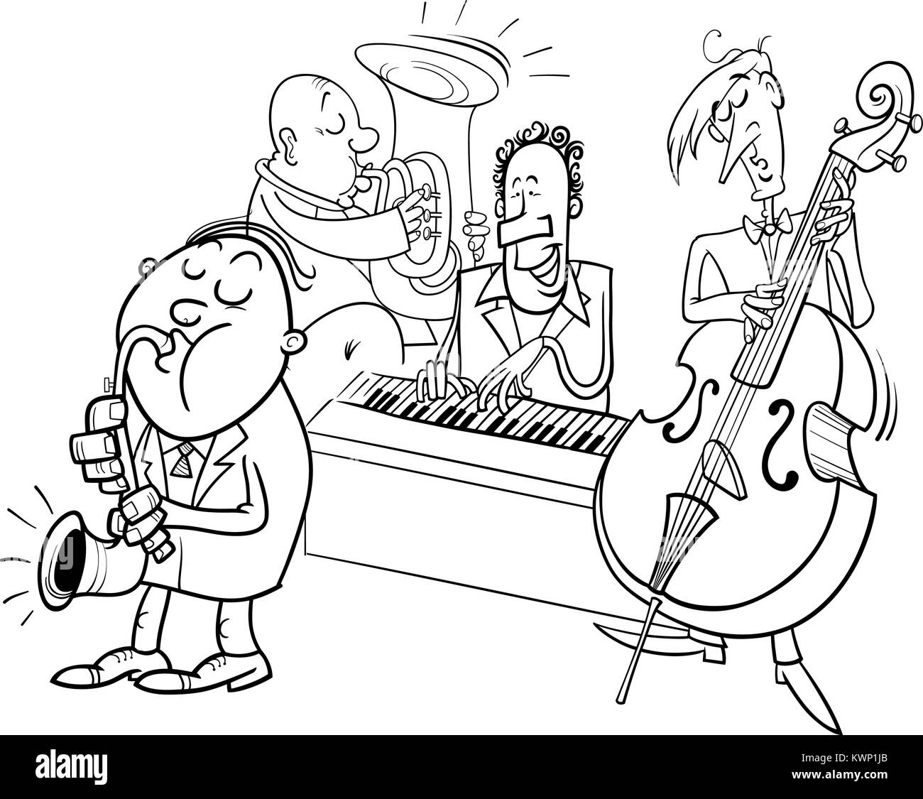 Black and White Cartoon Illustration of Jazz Musicians Band Playing a Concert Coloring  Book Stock Vector