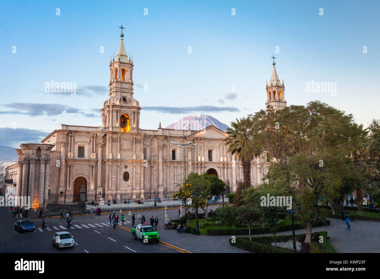 The Basilica Cathedral of Arequipa on sunset, Arequipa in Peru Stock Photo