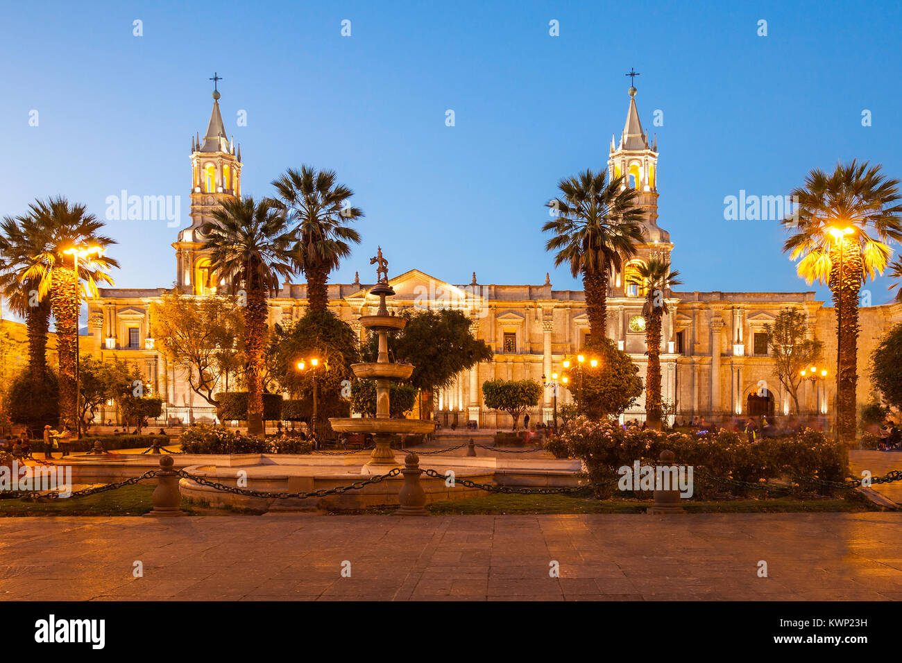 The Basilica Cathedral of Arequipa on sunset, Arequipa in Peru Stock Photo