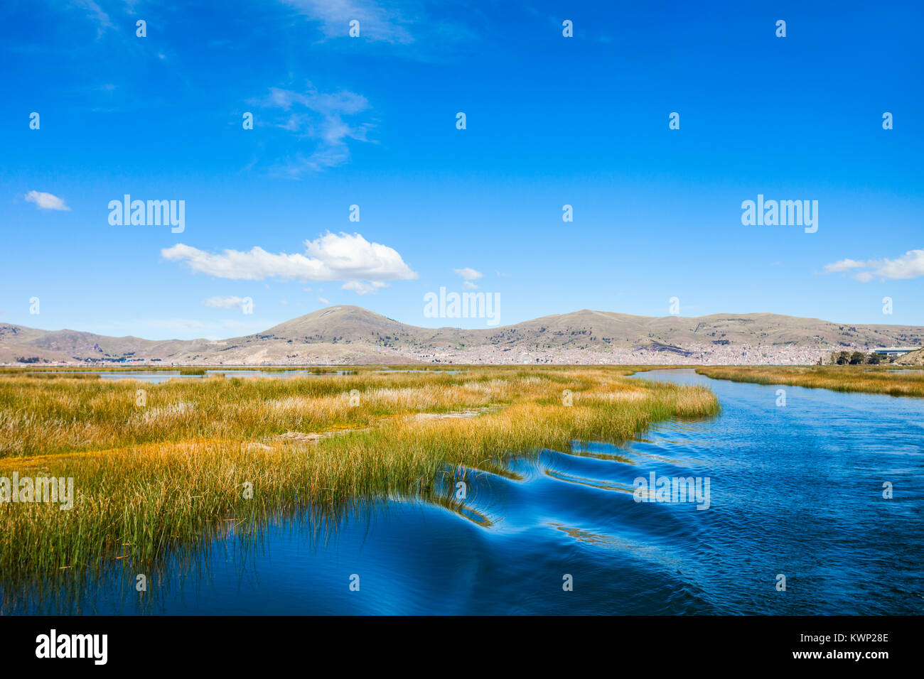 Titicaca is a large, deep lake in the Andes on the border of Peru and Bolivia Stock Photo