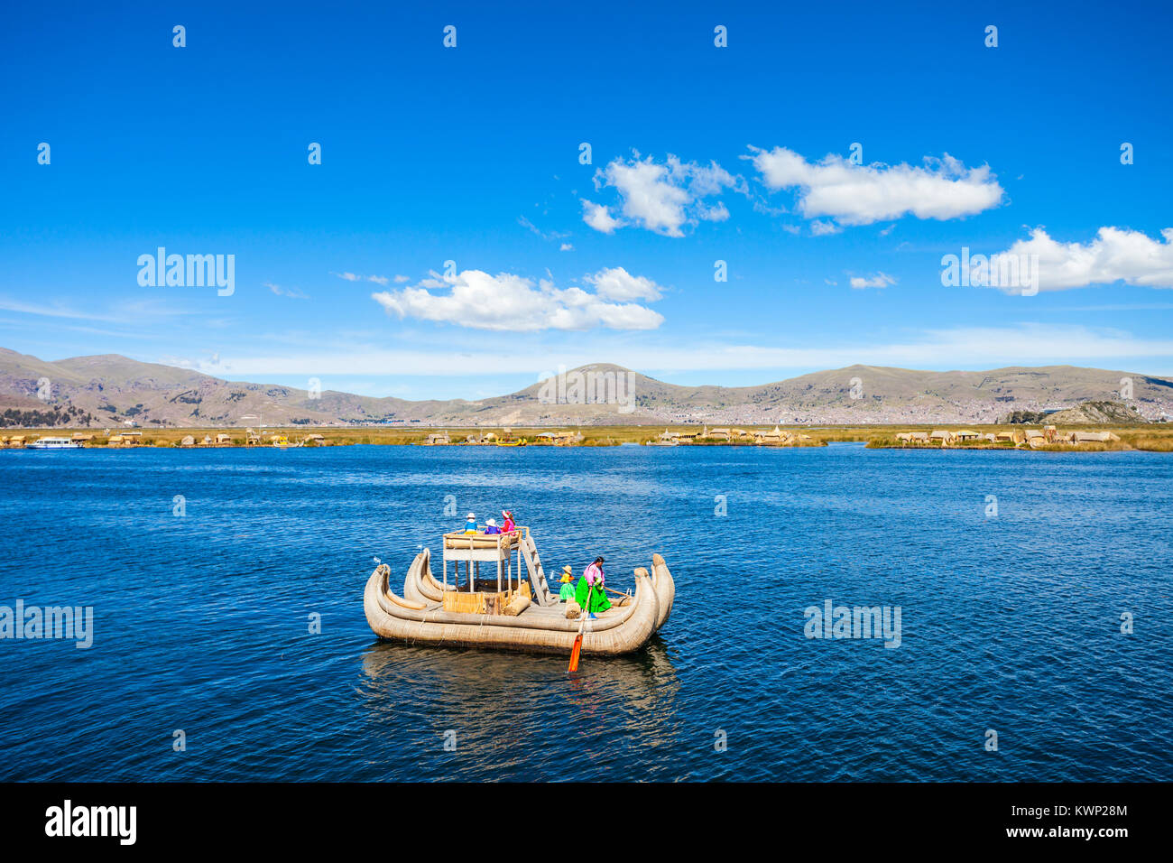Totora boat on the Titicaca lake near Puno, Peru Stock Photo