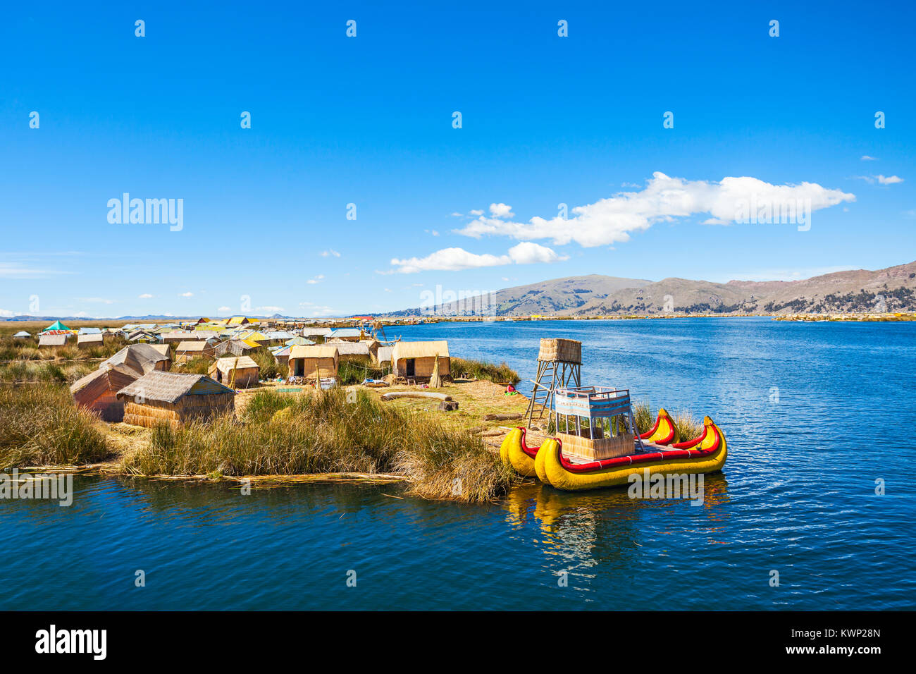 Uros floating island near Puno city, Peru Stock Photo