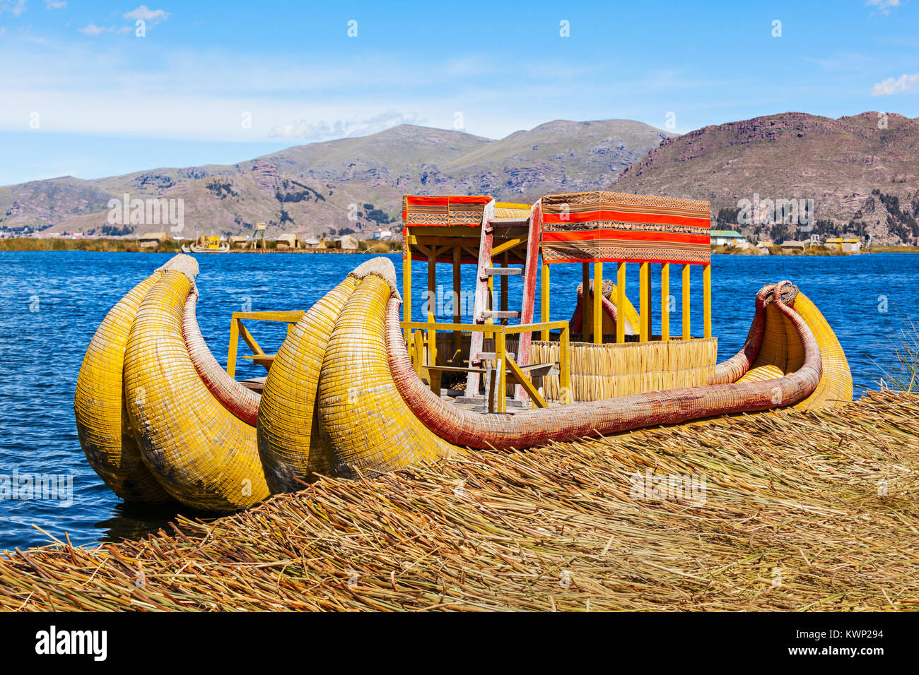 Totora boat on the Titicaca lake near Puno, Peru Stock Photo